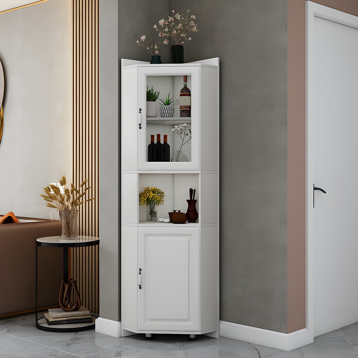Modern White Corner Accent Cabinet with Glass Doors and Adjustable Interior Shelves thumbnail 1