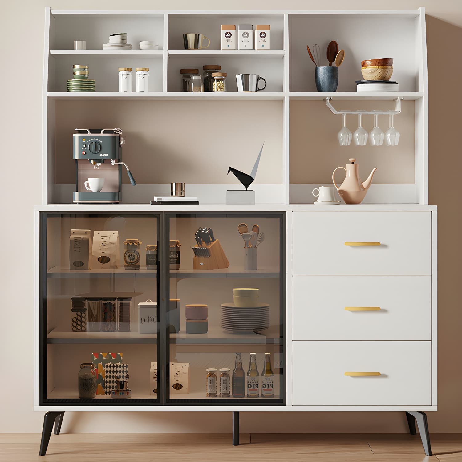Glass Door Modern Wooden Kitchen Sideboard with Adjustable Shelving thumbnail 12