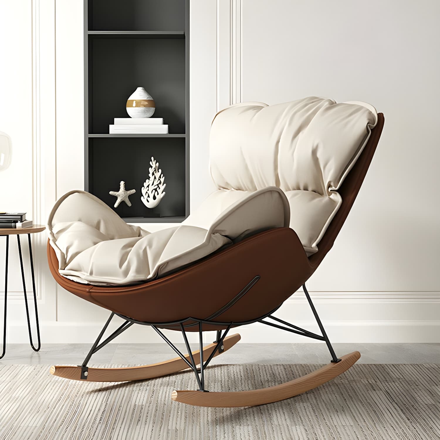 Stylish and Modern Upholstered Rocking Chair with Natural Wood Legs thumbnail 9