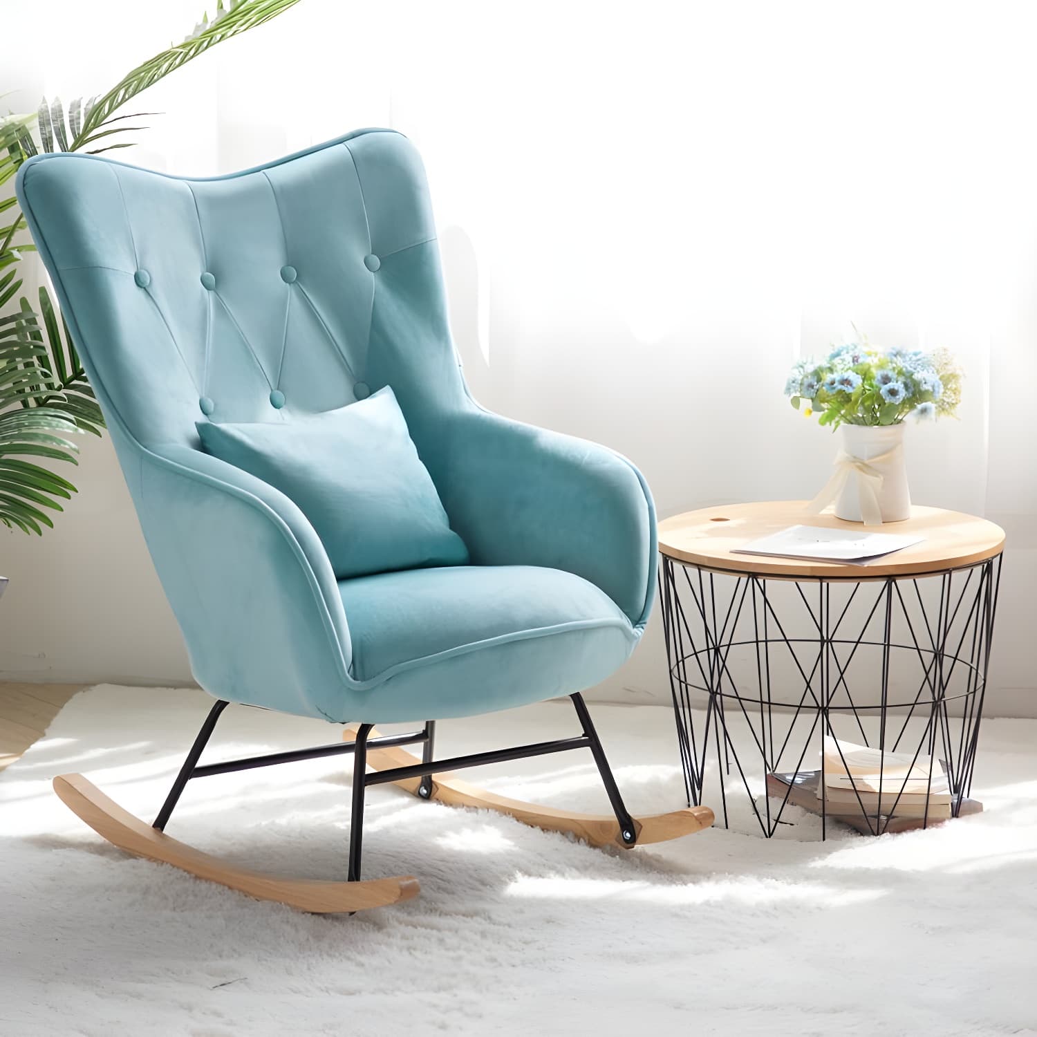 Scandinavian Rocking Chair with Wing Back and Wood Legs, Pillow Included thumbnail 12