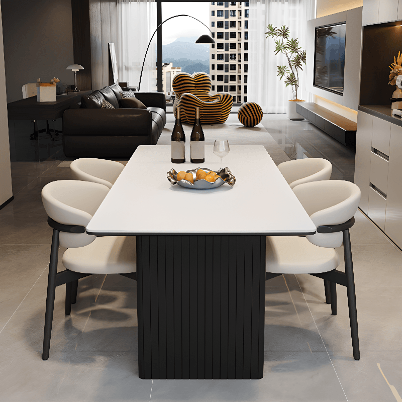 Dining Table Set with Rectangular Slate Stone Top and Two-sided Pedestal, Padded Chair with Back, 5-piece in White thumbnail 1