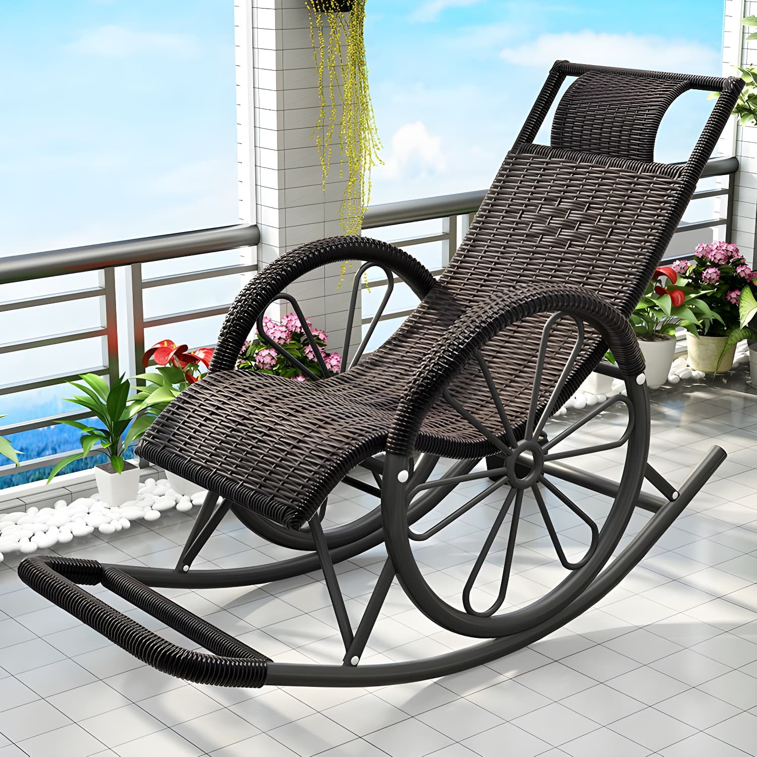Modern Spindle Rattan Rocking Chair Metal Frame Wheel Handrail Design Rocker Chair thumbnail 1
