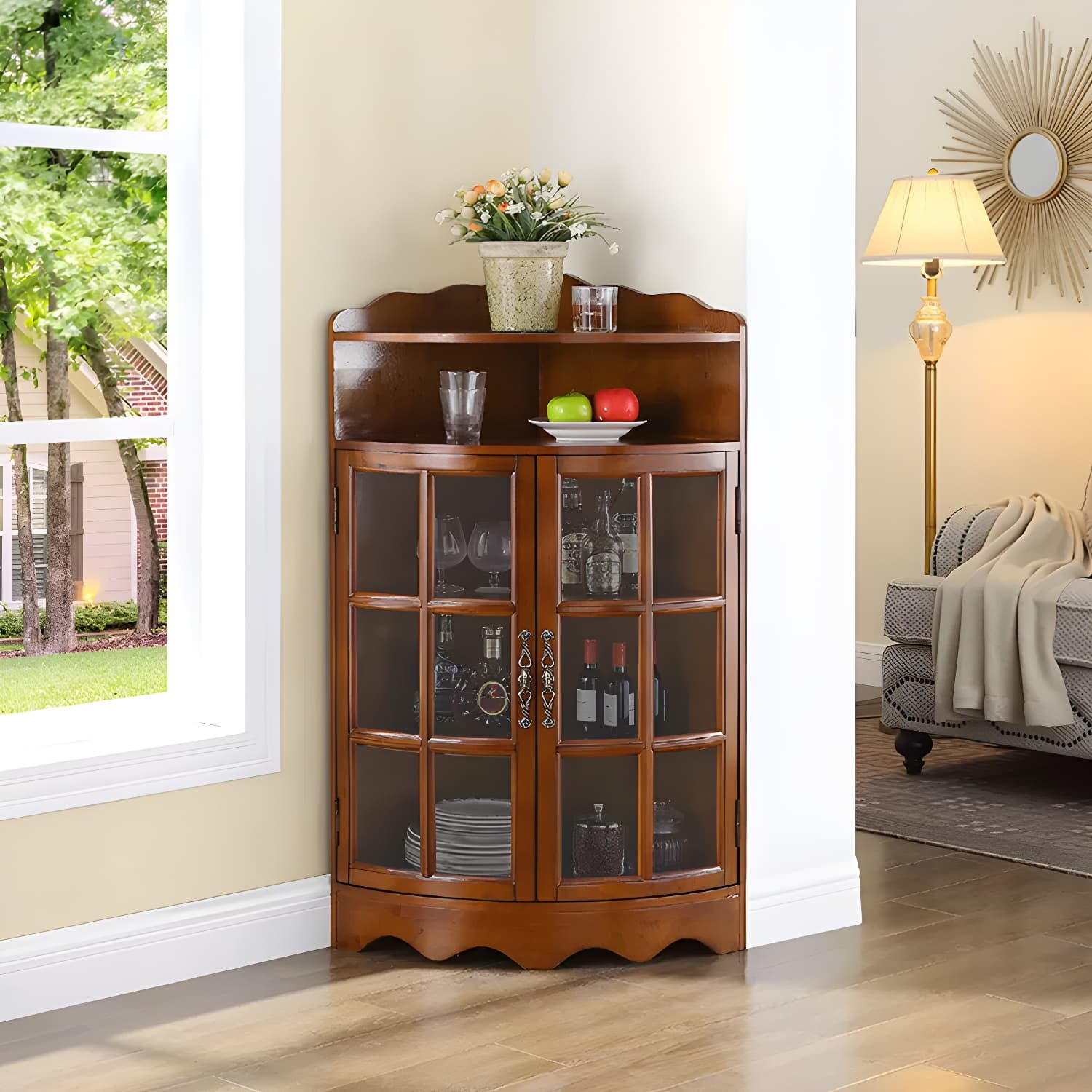 Corner Mid-Century Modern Accent Cabinet with Wood Countertop and Glass Doors thumbnail 11