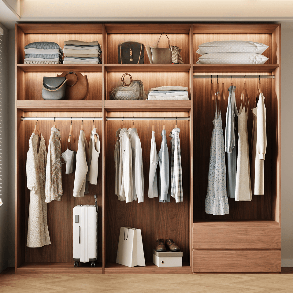 Acorn Minimalist Natural Wood Independent Wardrobe Closet with Soft Close Drawer, Soft Close Door, and Interior Shelves thumbnail 3