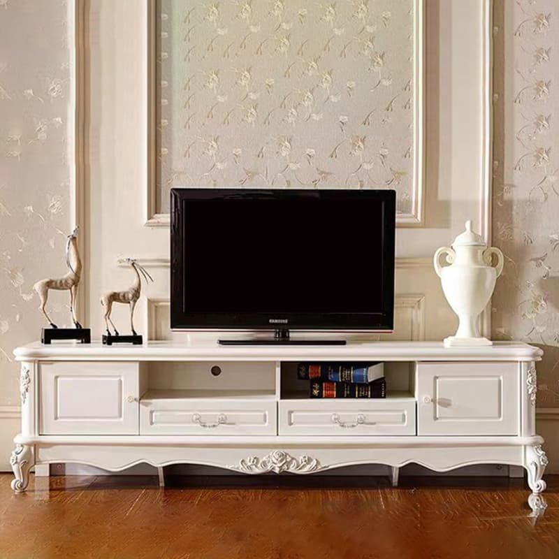 White Wood TV Stand with Drawers and Cabinets featuring Cable Management thumbnail 3