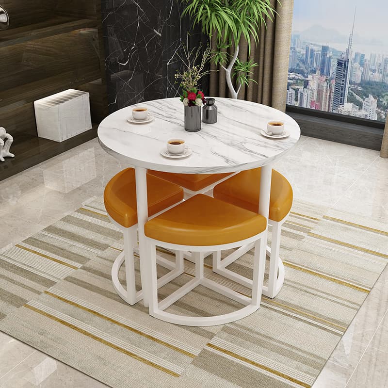 Reclaimed Wood Round Dining Table Set with Metal Toboggan Base and Upholstered Backless Chairs for 4 People thumbnail 37