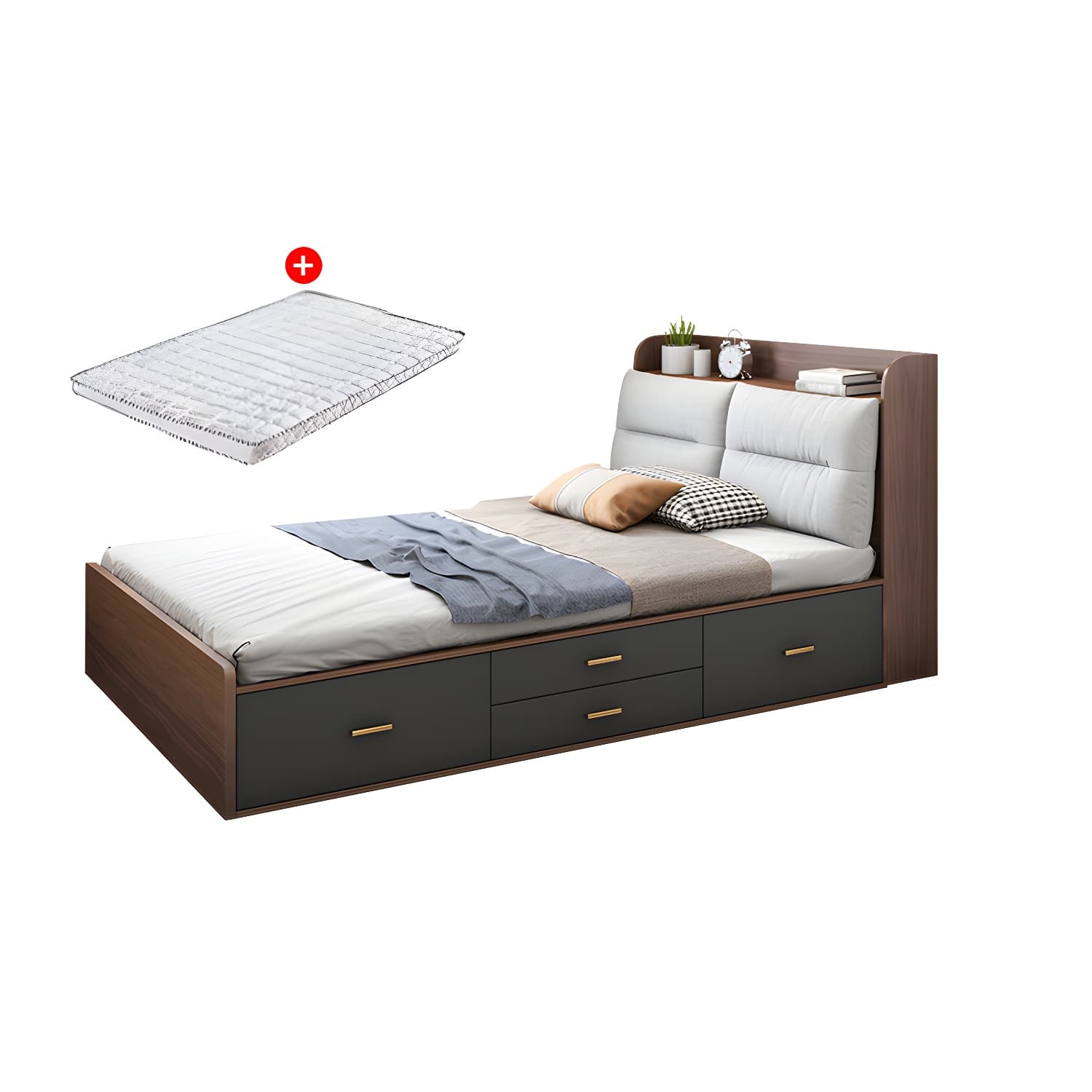 Scandinavian Low Profile Bed with Headboard Upholstered Bed with Drawers thumbnail 13