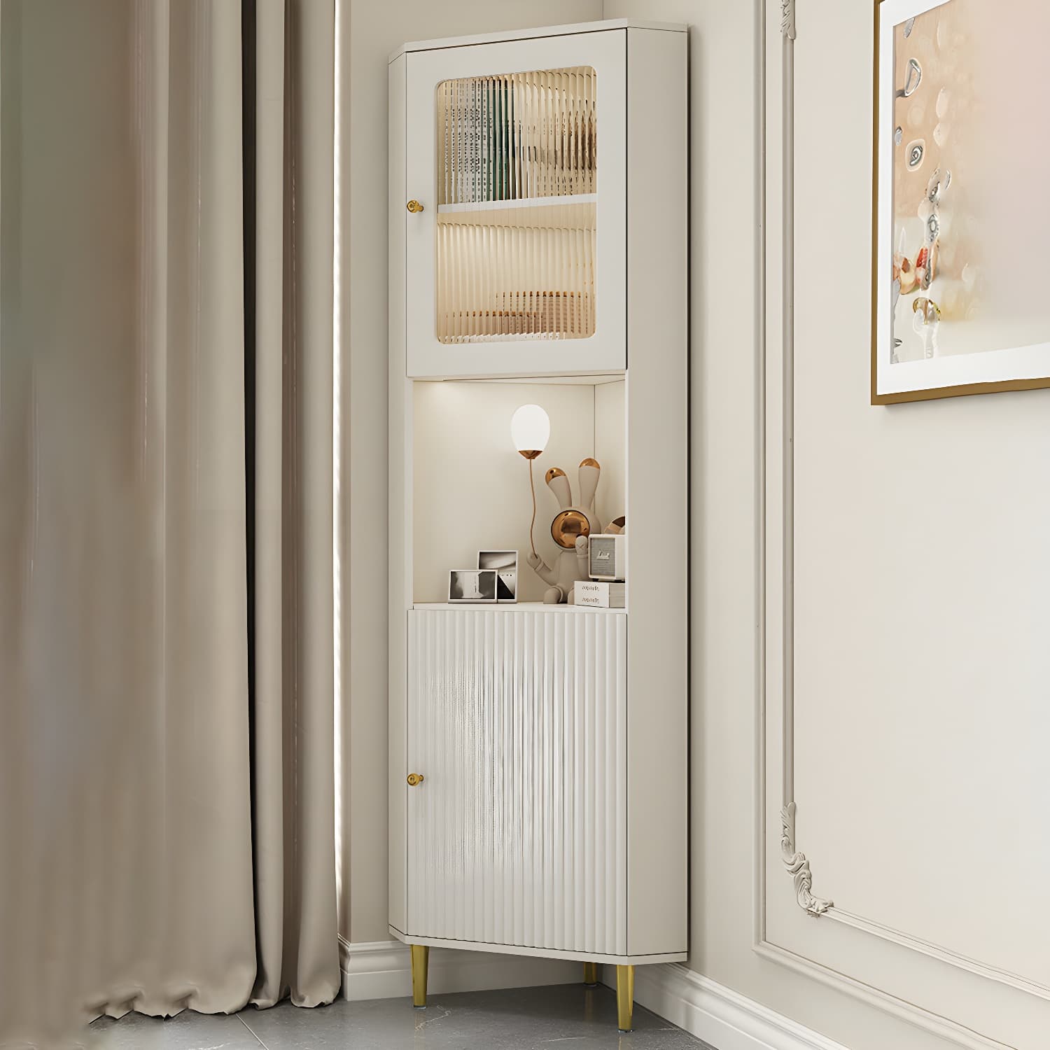 White Corner Modern Accent Cabinet with Stone Countertop, Glass Doors, and Cabinet Included thumbnail 5