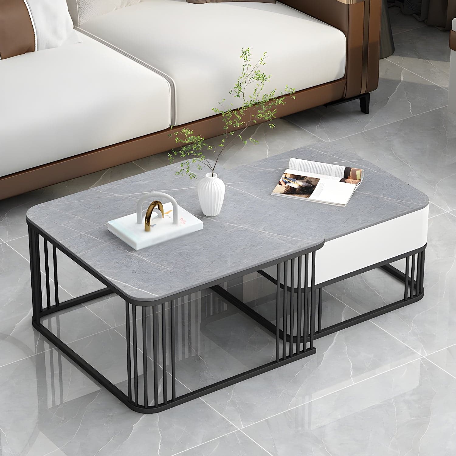 Square Slate Top Coffee Table with Drawers Frame Base 2 Nestling Cocktail Table thumbnail 3