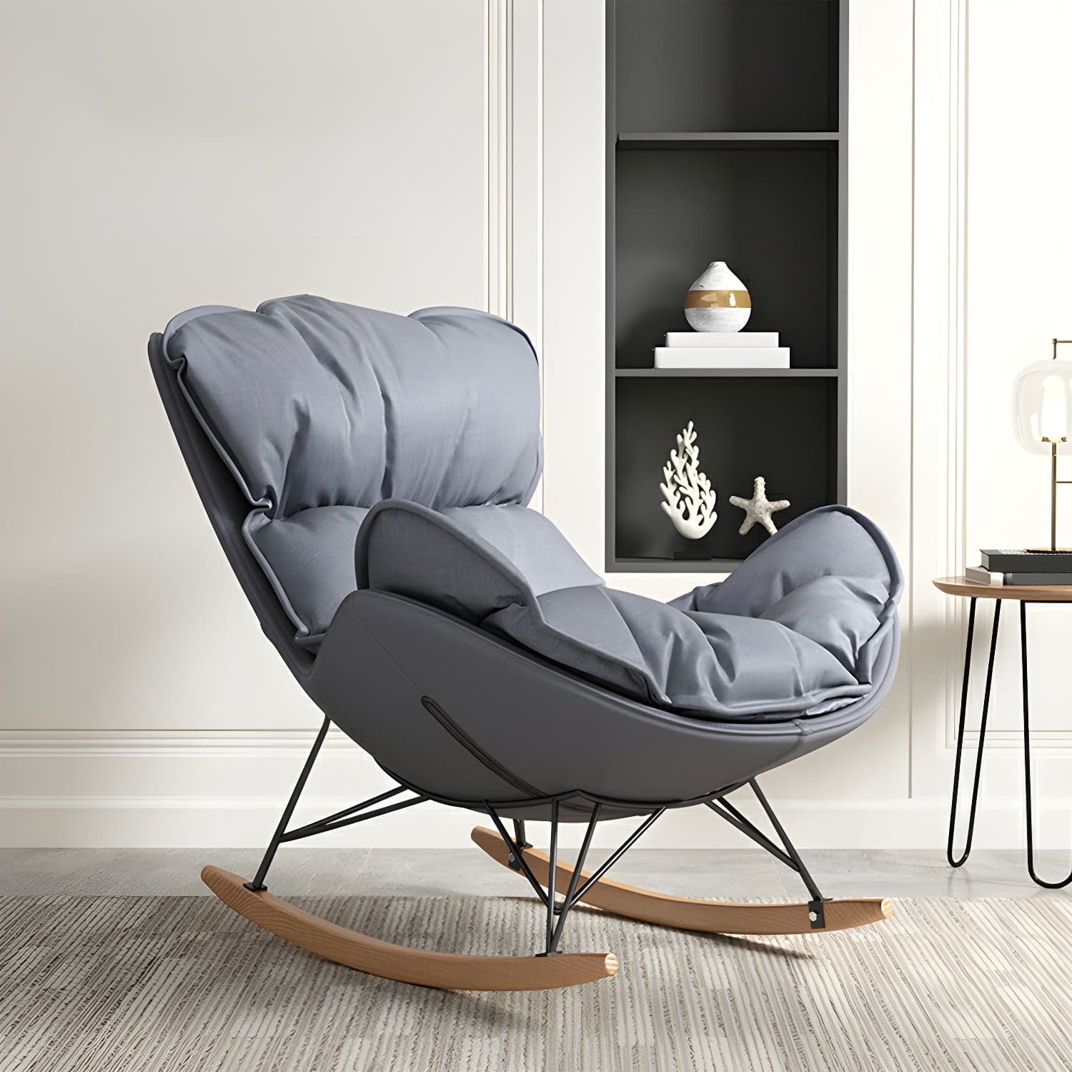 Modern Metal Rocking Chair with Upholstered Seat - Brown Legs, Removable Cushions thumbnail 2