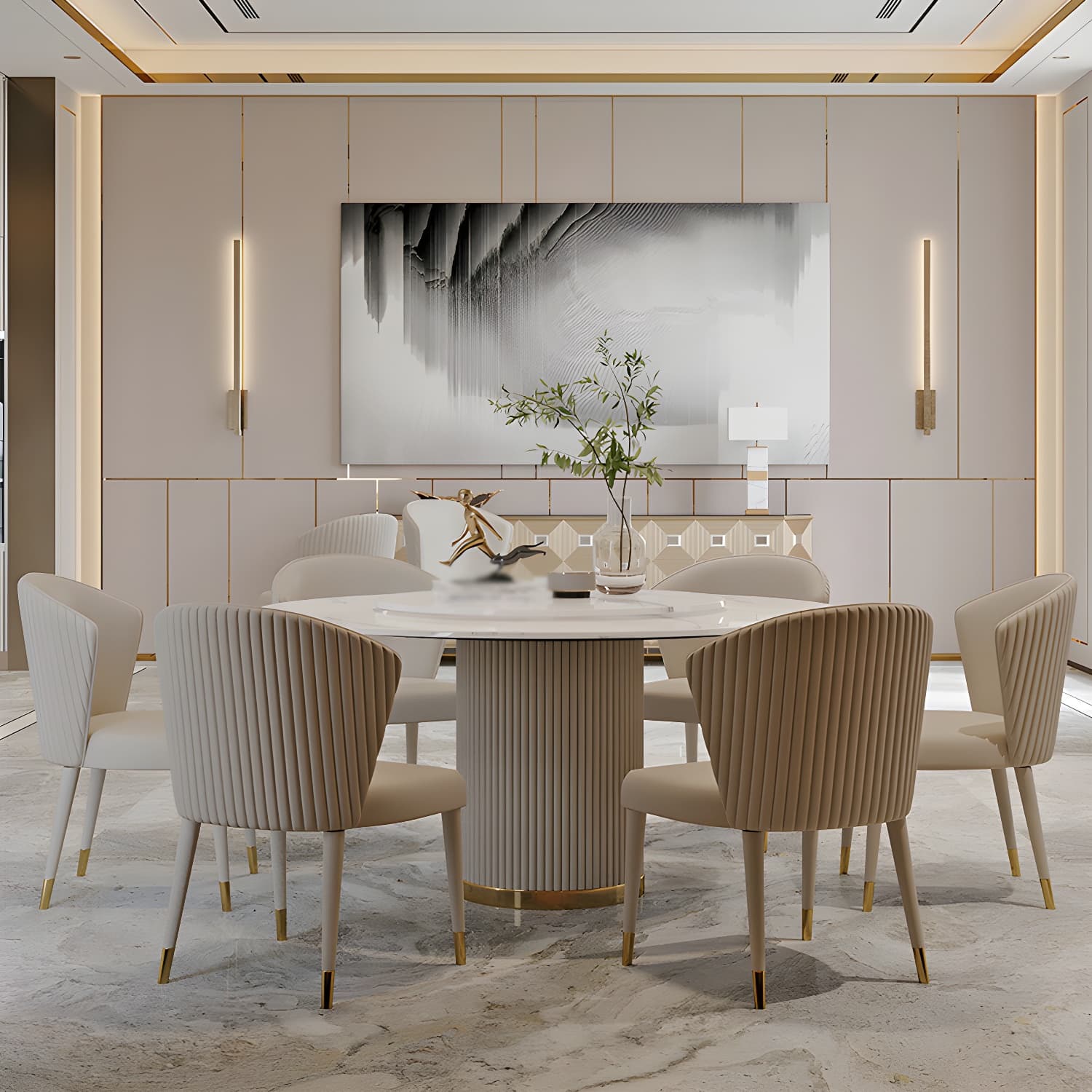 Modern 1/4/5/7 Pieces Round Dining Set Sintered Stone Dining Table Set with Leather Chairs thumbnail 4