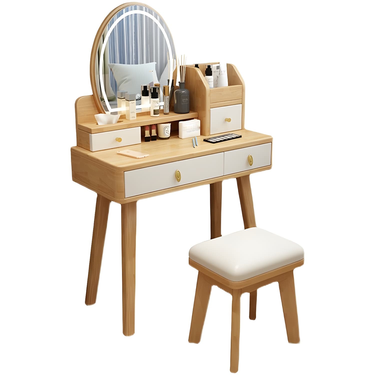 Modern Wood Makeup Vanity with Drawers, Mirror & Upholstered Chair thumbnail 10