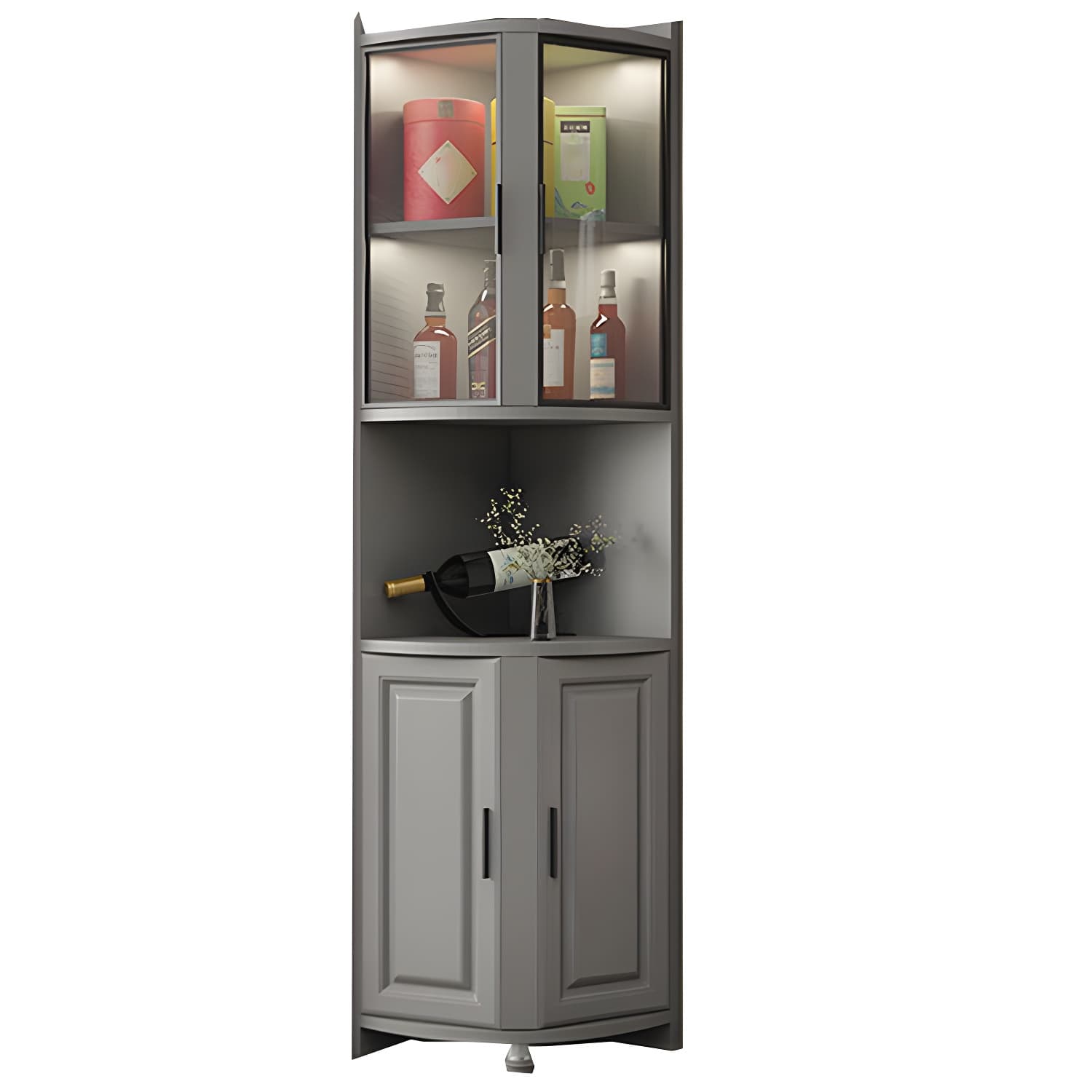 Modern Grey Corner Accent Cabinet with Glass Doors and 8 Interior Shelves thumbnail 5