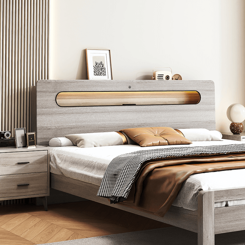 Simplistic Panel Headboard with No Distressing, Shelves, and Illumination Light for Queen/Full/Twin XL Bed in Rectangular Shape, Standard Height