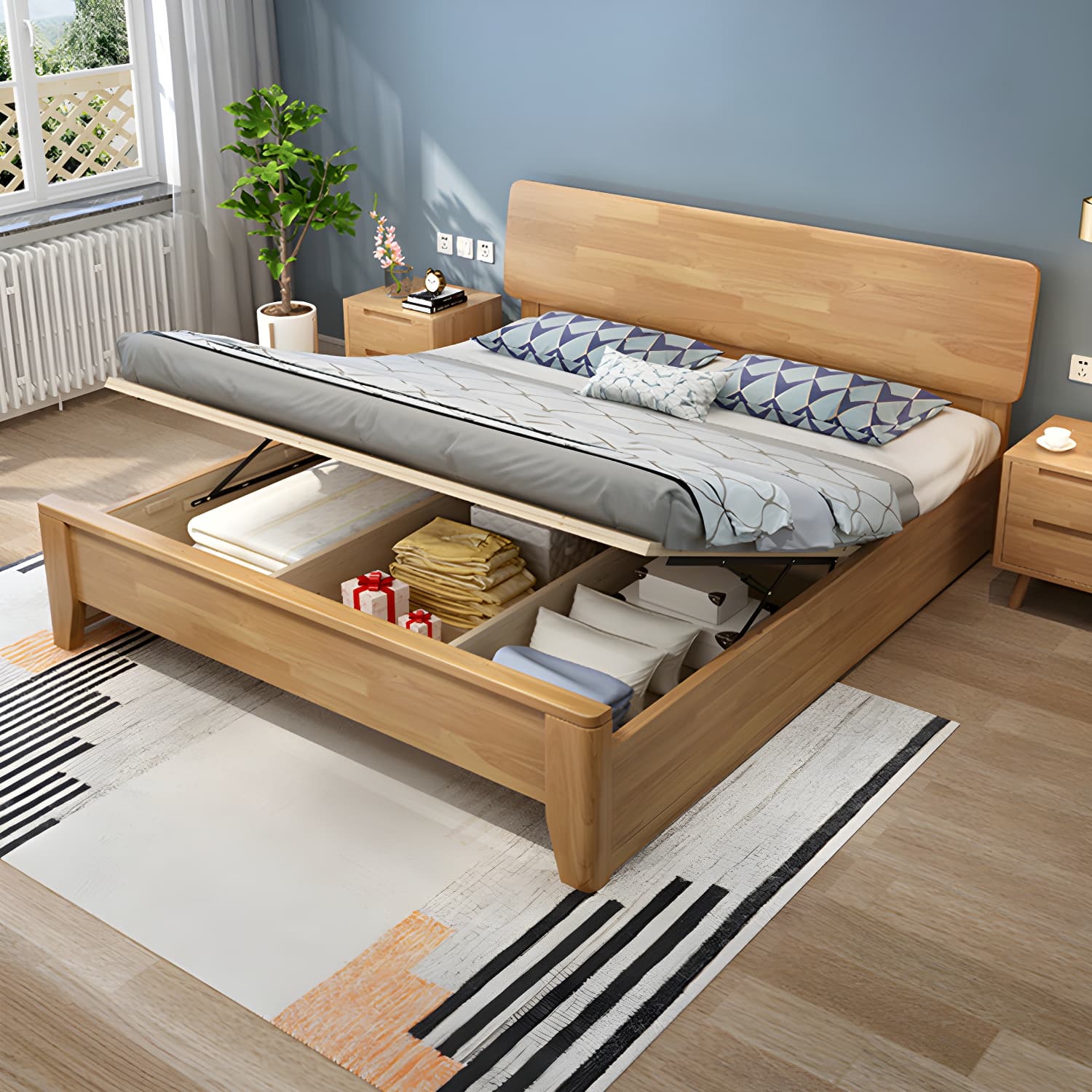 84.65 inch Wide Mid-century Bed Frame Rubberwood Bed with Headboard thumbnail 3