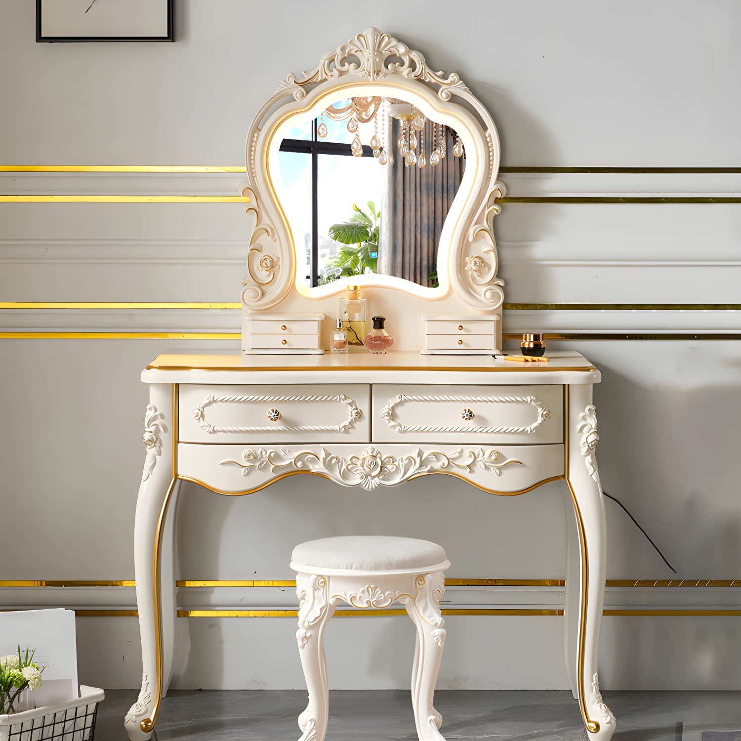 White Victorian Wood Vanity Dressing Table with Drawers Mirrored Makeup Vanity thumbnail 4