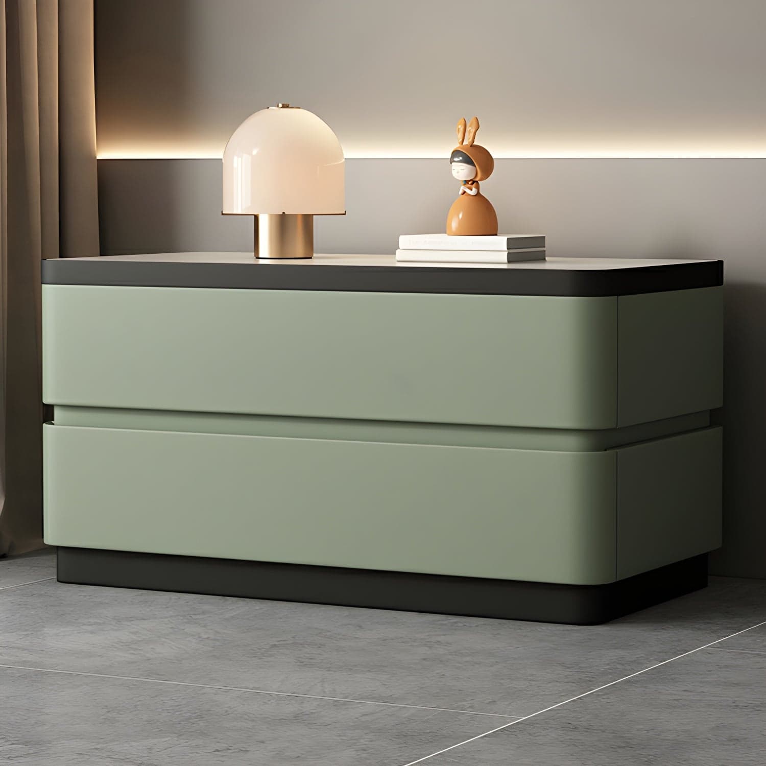 Modern Faux Leather Nightstand with 2 Drawers and Stone Countertop for Bedroom thumbnail 5