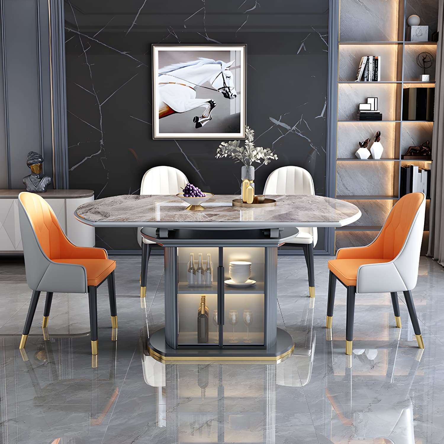 Modern Style Stone Furniture 1/5/7/9/11 Pcs Round Shape Dinette Table with Dining Chair thumbnail 2