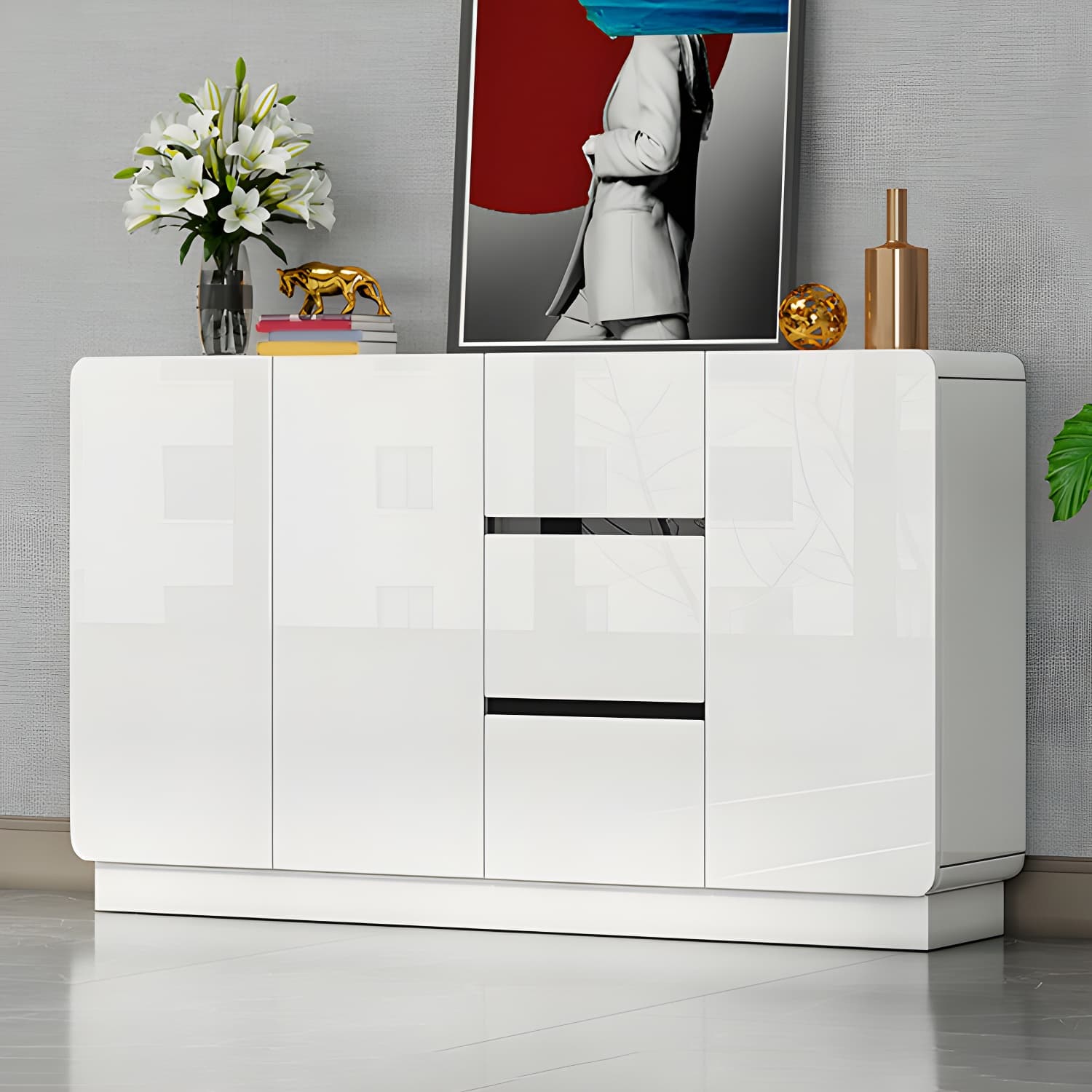 White Modern Sideboard Credenza with Adjustable Shelving and 3 Drawers