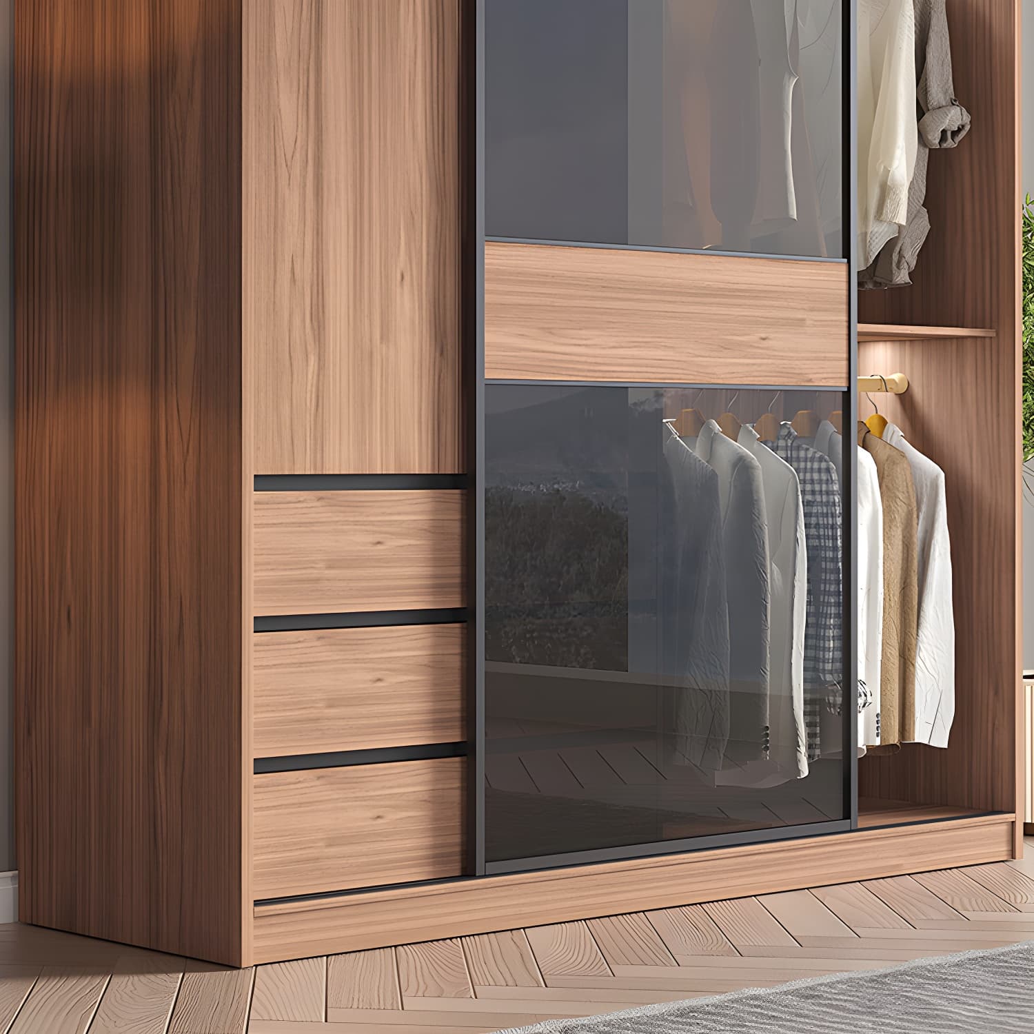 Glass and Wood Wardrobe Cabinet Brown Wardrobe Armoire with Garment Rod thumbnail 8