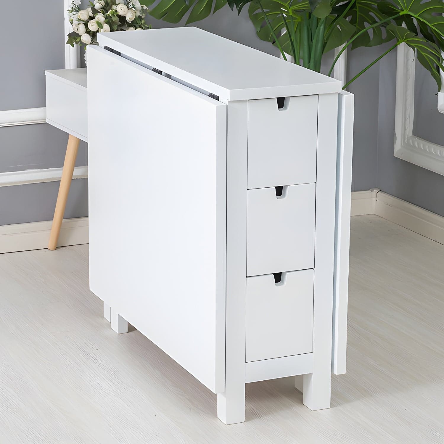 Modern Birch Wood Drop Leaf Rectangle Kitchen & Dining Table with Pedestal Base and Storage Included thumbnail 9
