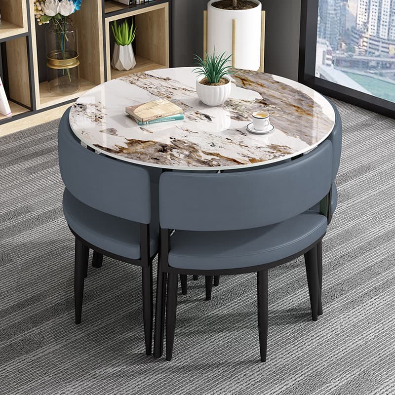 Circular Dining Table Set with a Slate Tabletop in White/Gray/Coal, Back and Cushion Chair for Dining Table for 4 in a Simple Style thumbnail 16