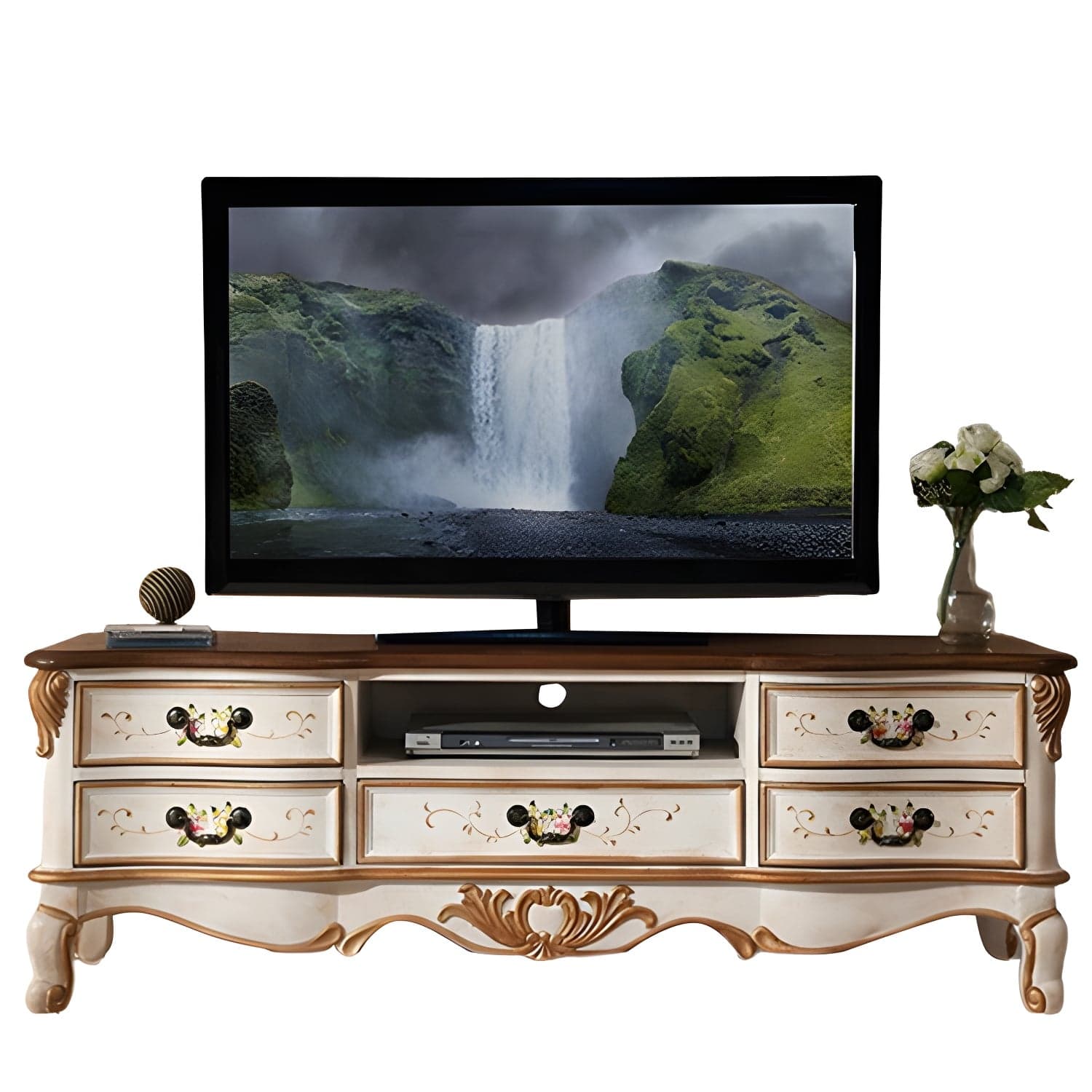 Vintage Birch Wood Media Console Matte Finish TV Media Stand with Drawers and Open Storage thumbnail 4