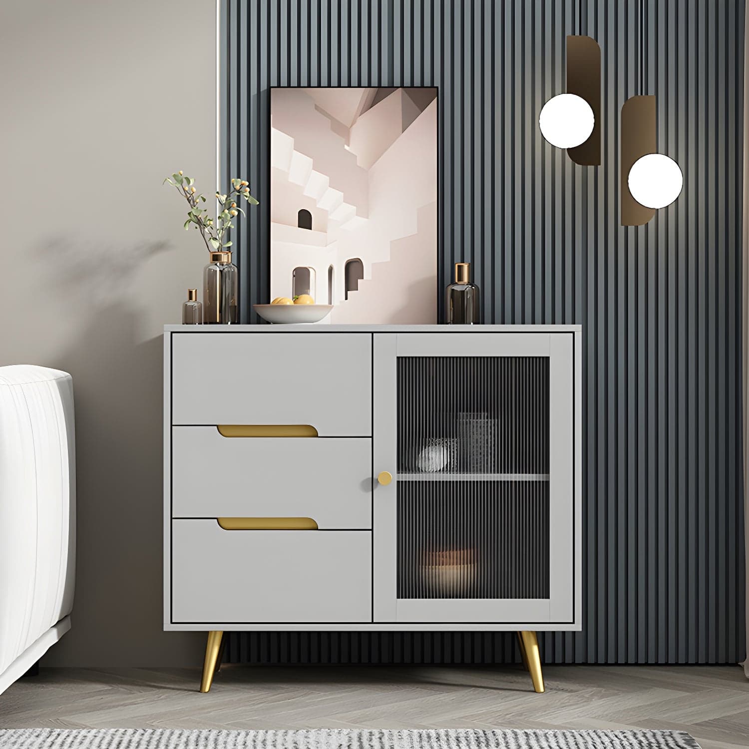 3-Drawer Engineered Wood Sideboard Modern Glass Doors Cabinets Credenza for Living Room thumbnail 4