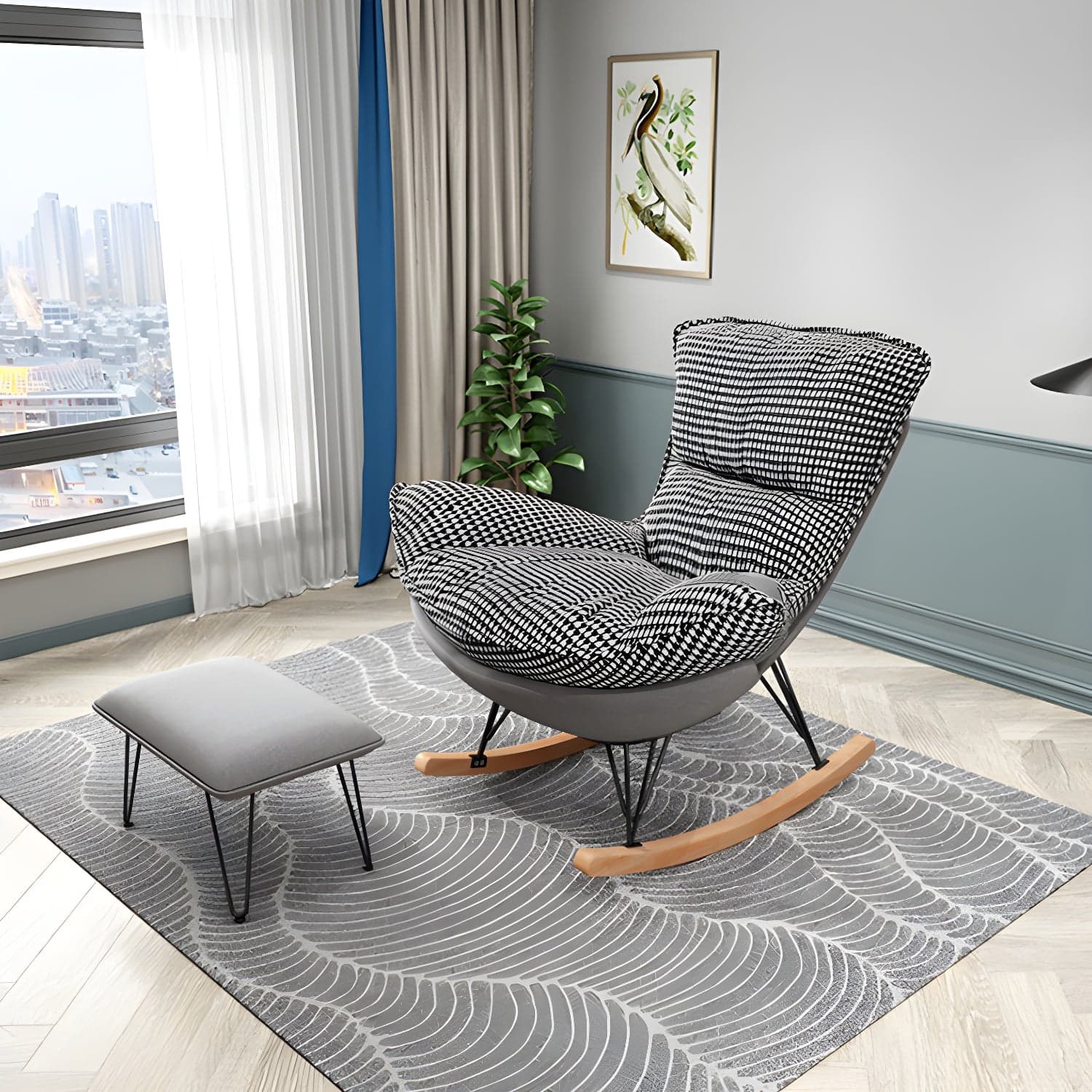 Stylish Modern Indoor Rocking Chair with Ottoman - Upholstered Seat and Natural Wood Legs thumbnail 2