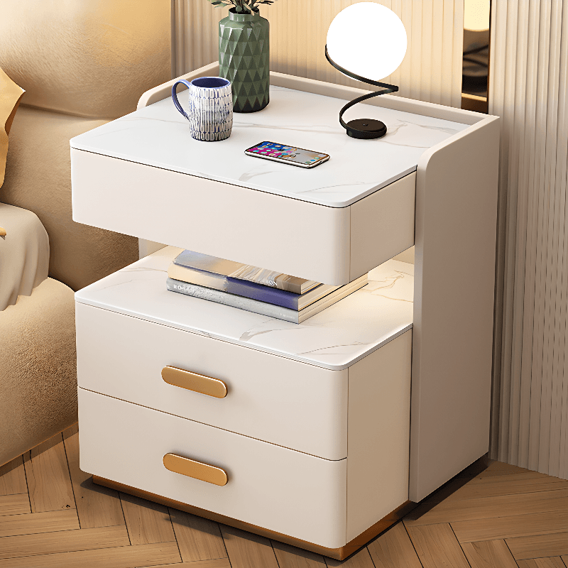 Modern Simple Style Nightstand With Drawer Storage, Stone Countertop, and Integrated Lighting thumbnail 8
