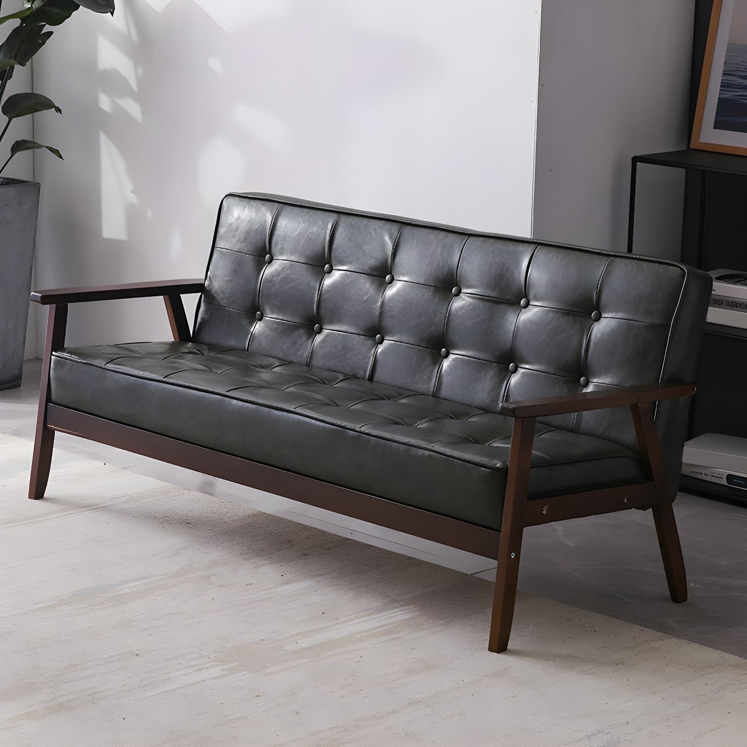 Mid-Century Modern Pine Wood Sofa with Tufted Back and Single Cushion Design thumbnail 19