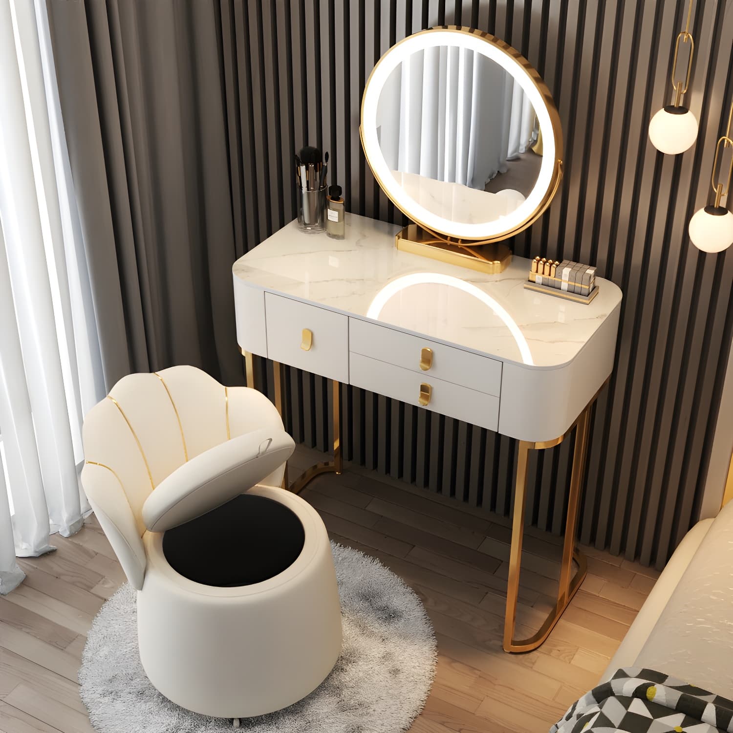 Luxurious Vanity Dressing Table Solid Wood Vanity Set with Stool and Mirror thumbnail 15