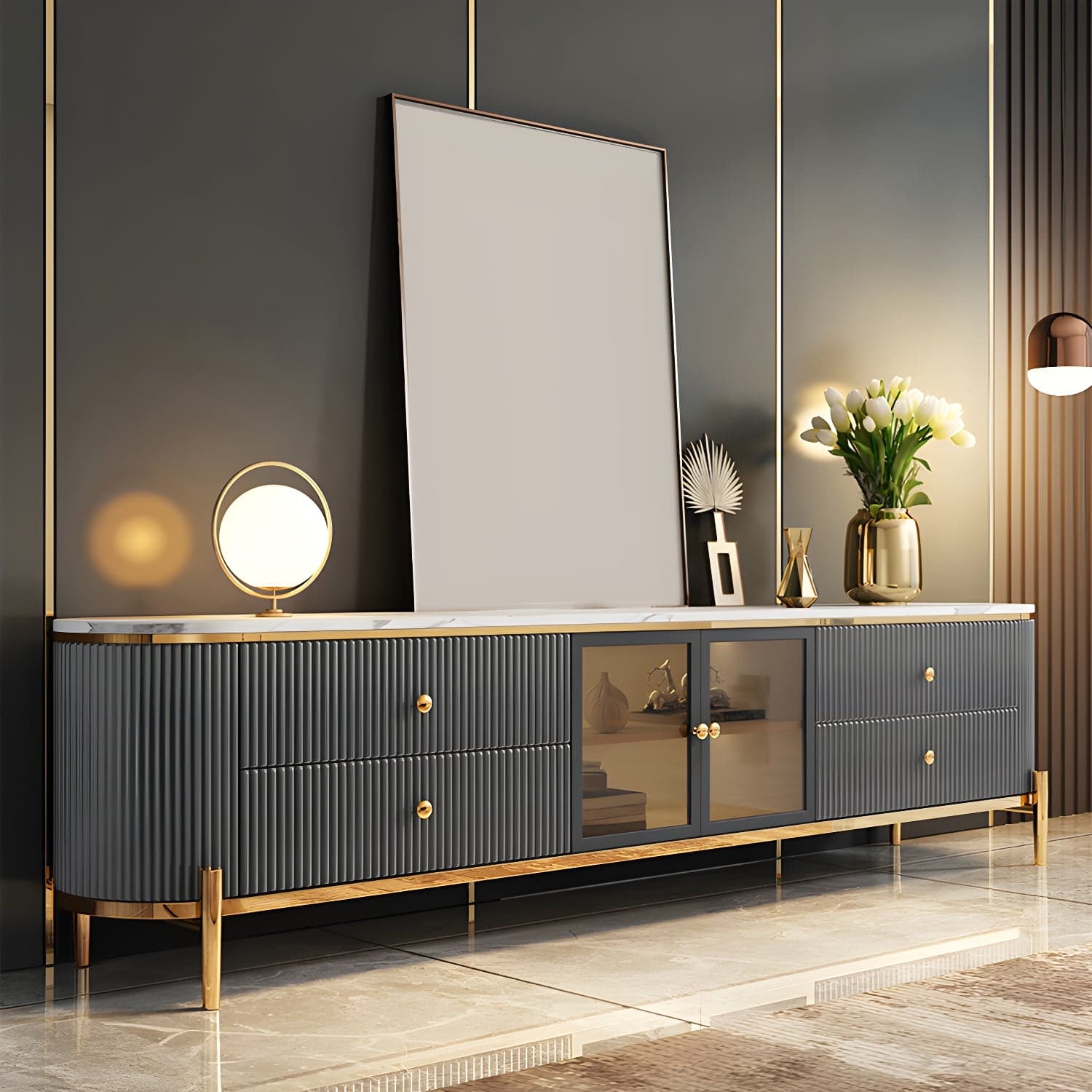 Modern TV Media Console Stone TV Stand Console with 4 Drawers thumbnail 1