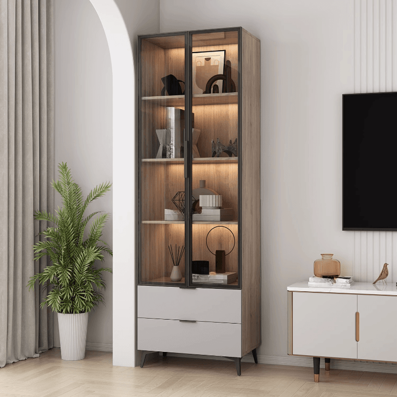 Brown Manufactured Wood Utility Storage Cabinet with Storage Cabinet, Glass Door, Cabinet Bars, Soft Close Drawer and Light thumbnail 2