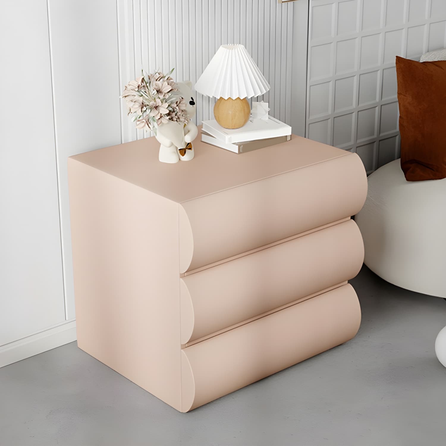 Modern Wood Nightstand with Drawer Storage in Faux Leather - Small Size thumbnail 4