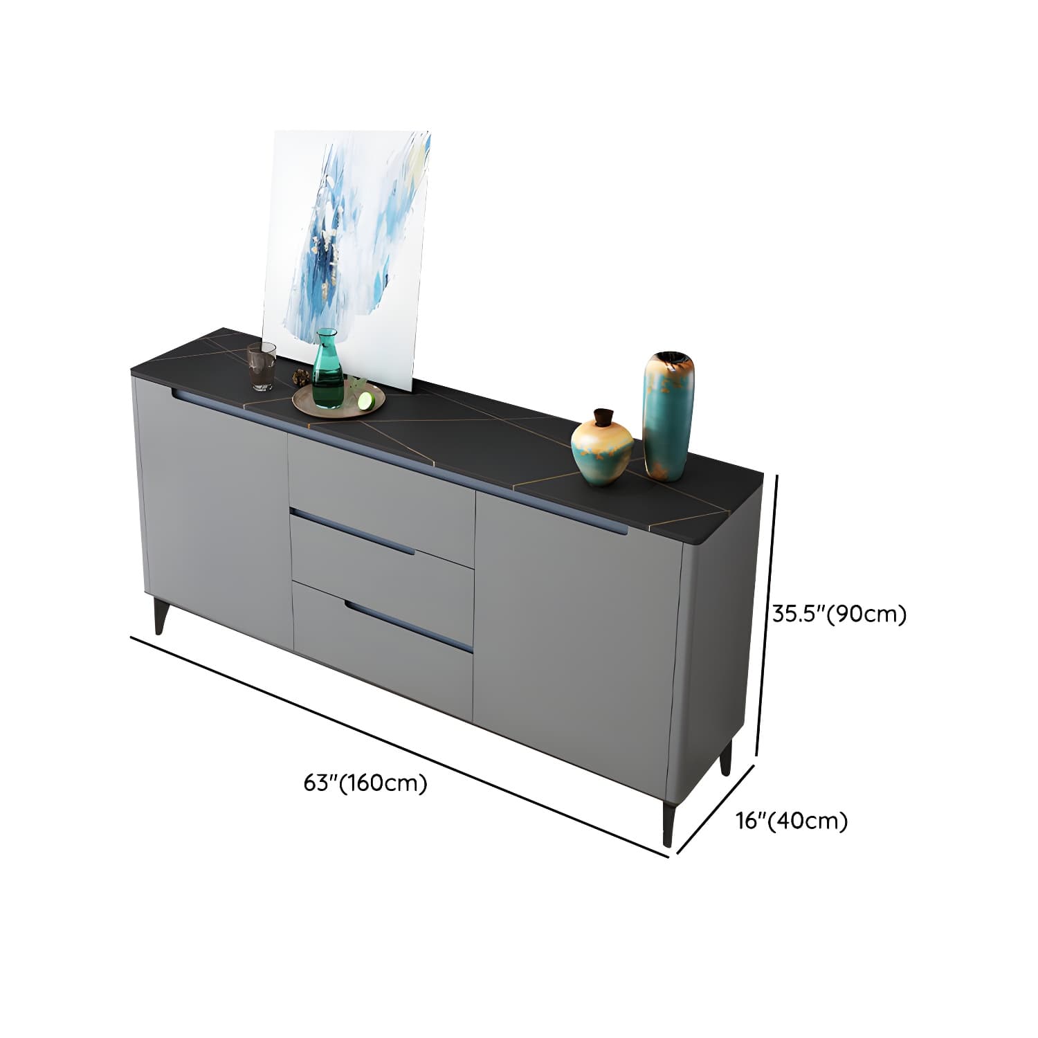 Modern Antique Finish Credenza 3 Drawer Sintered Stone Sideboard Cabinet thumbnail 23