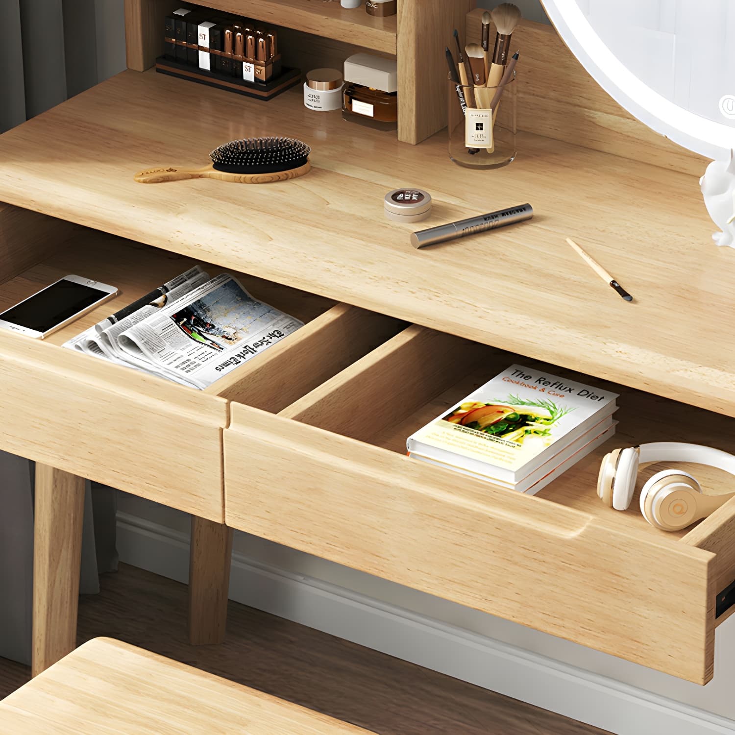 Light Wood/Bleached Wood/Gray Wood Sleeping Room 2 Drawers Lighting System with Tabletop Storage thumbnail 14