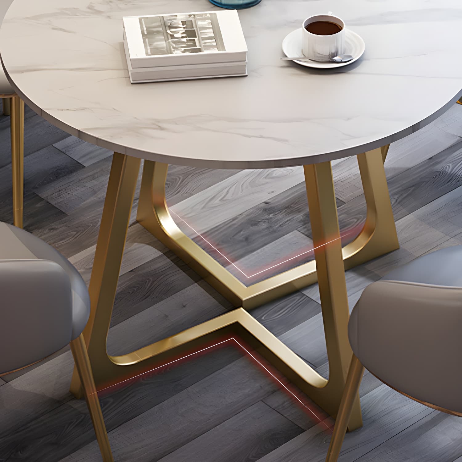 5-Piece Glam Dining Set Round White Table with Gold Metal Base and Upholstered Chairs thumbnail 11