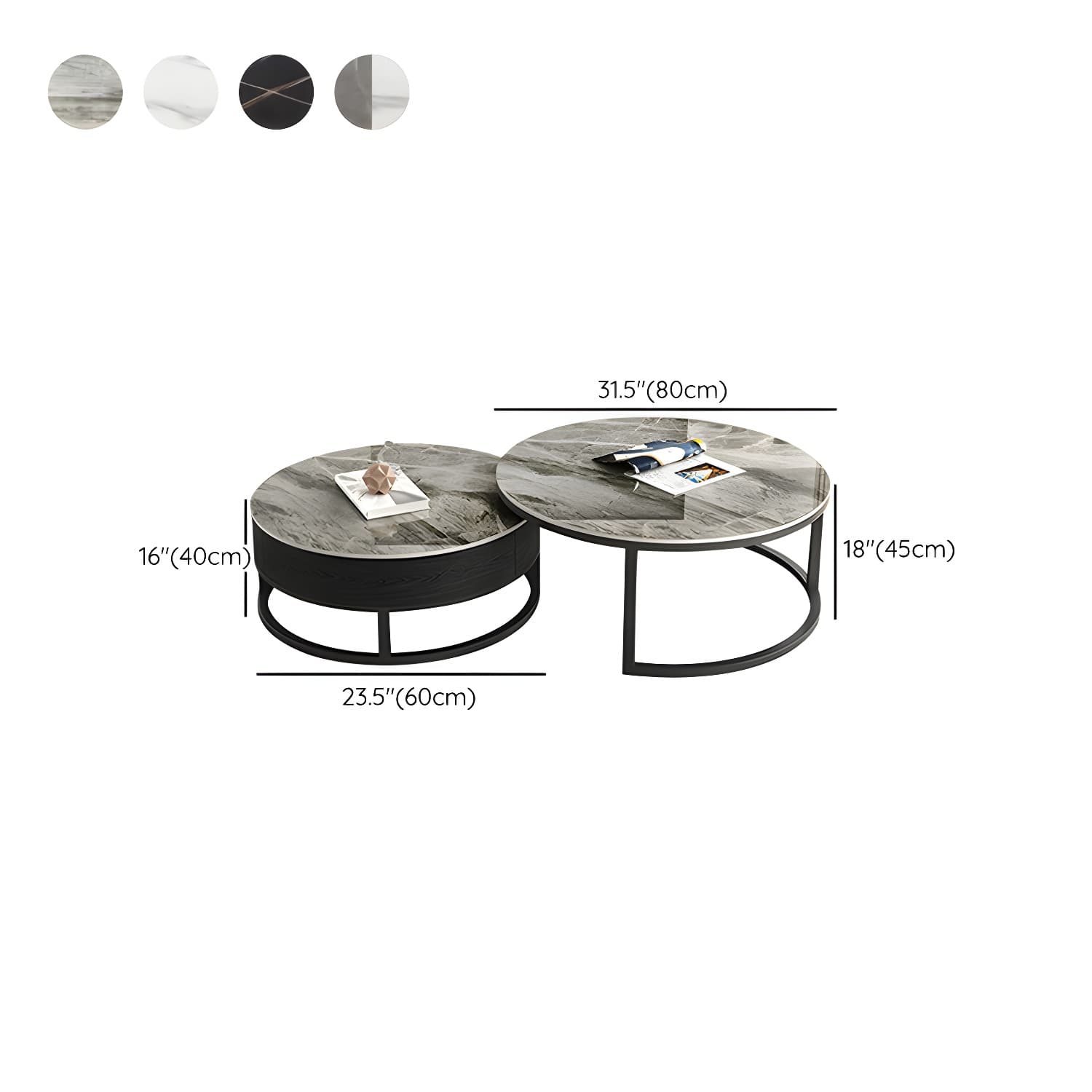Set of 2 Round Stone Top Modern Nesting Tables with Black Metal Frames and Drawers Included thumbnail 15