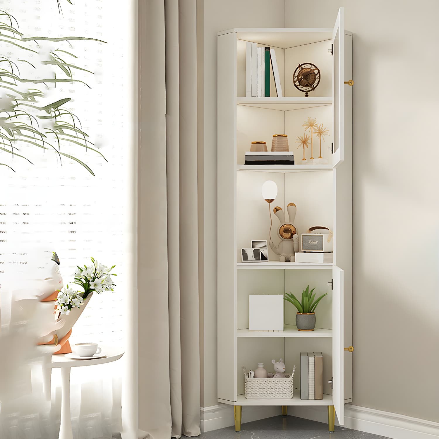 White Corner Modern Accent Cabinet with Stone Countertop, Glass Doors, and Cabinet Included thumbnail 4