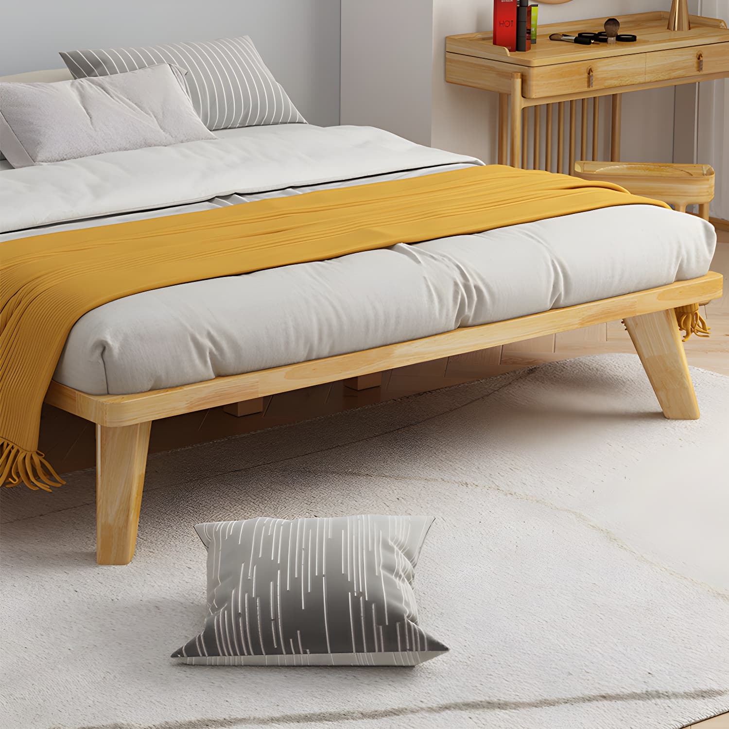 Natural Upholstered Wooden Bed Frame Nordic 13.39" H Platform Bed thumbnail 6