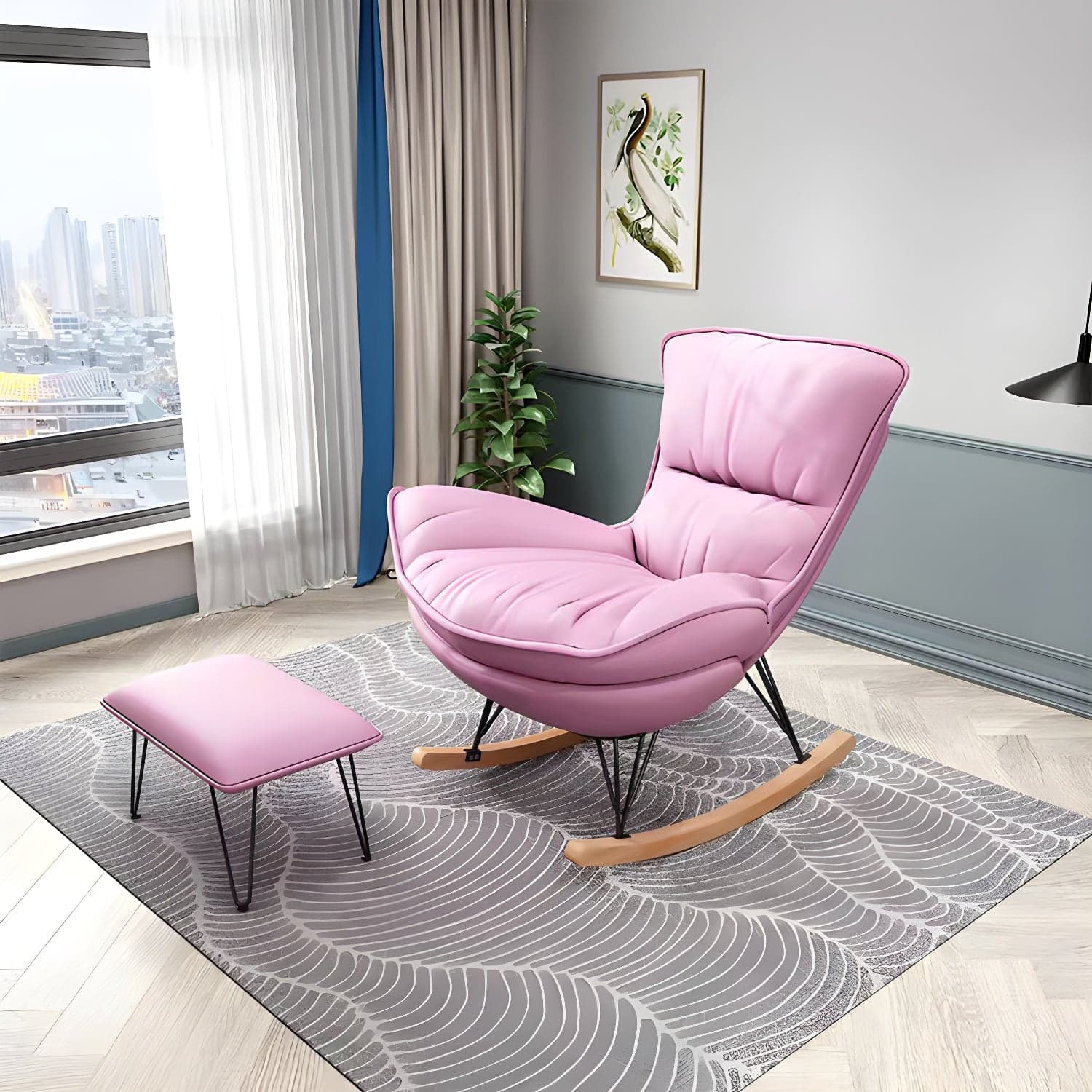 Glam Rocking Accent Chair Upholstered Antique Finish Rocking Chair with Ottoman thumbnail 8