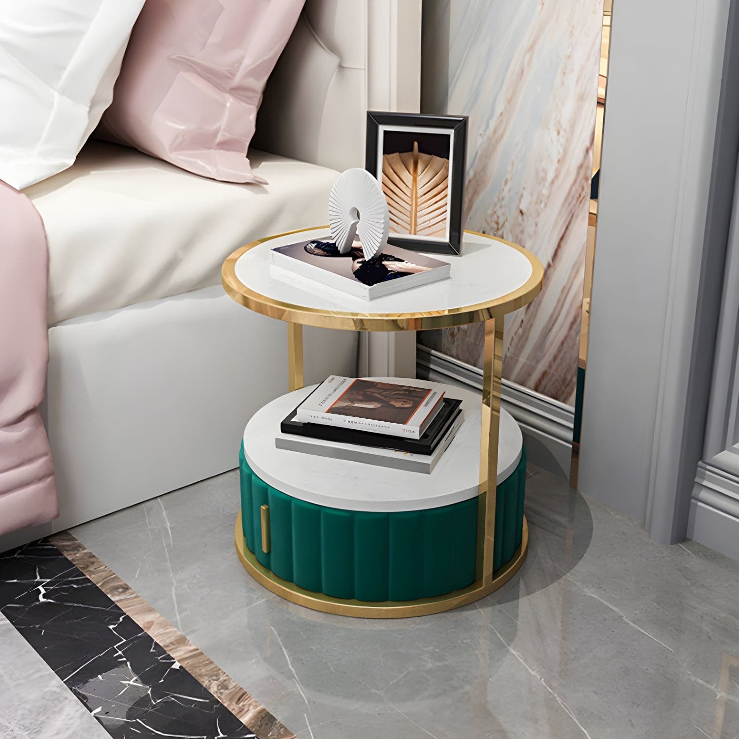 Modern Open Storage Nightstand Stone Top 20 Inch Tall 1-Drawer Night Table thumbnail 1