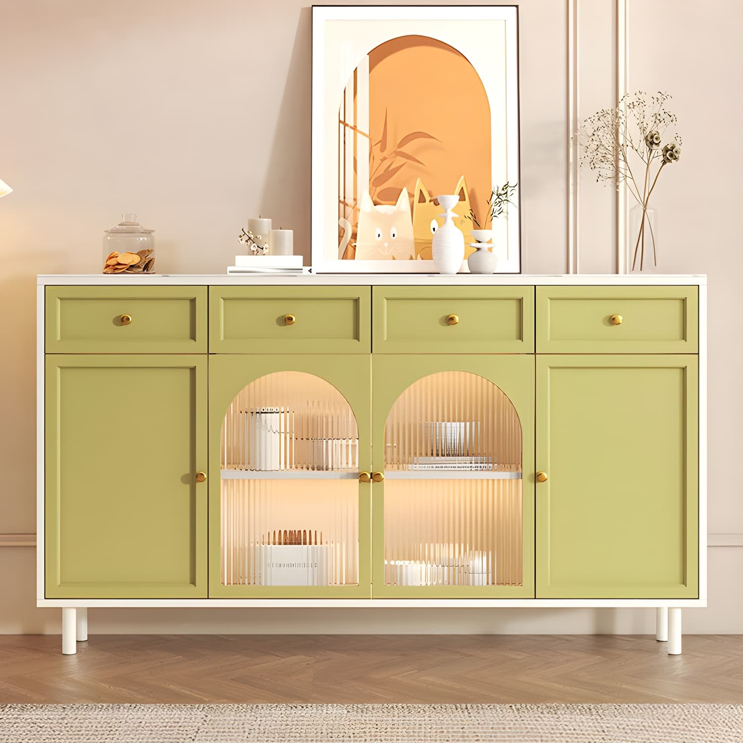 Scandinavian Wood Buffet Sideboard with Stone Countertop and Glass Doors thumbnail 6