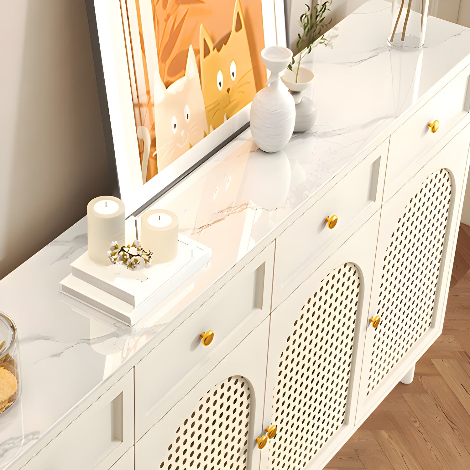 Scandinavian Wood Buffet with Countertop, Drawers, and Cabinets - image 7