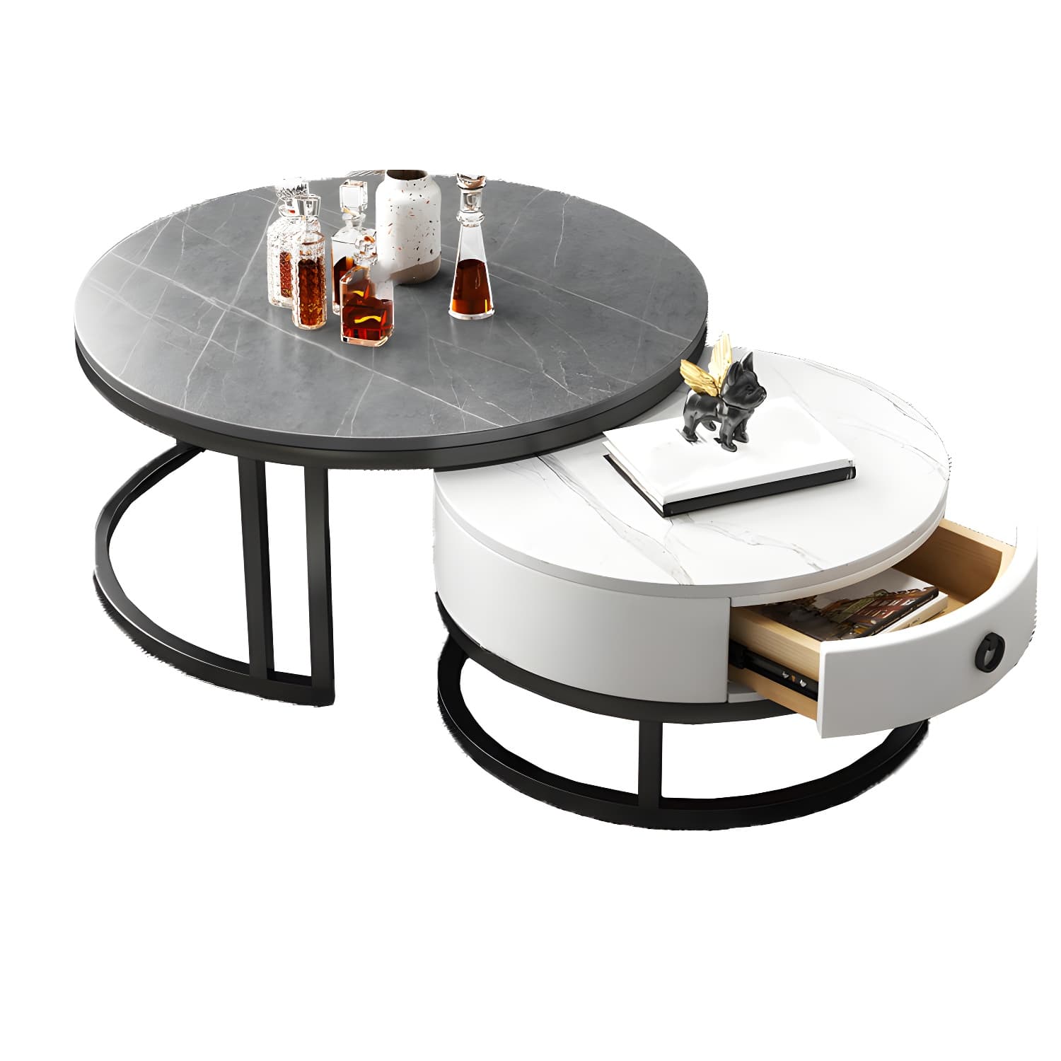 Modern Nesting Coffee Table Set Frame Round Coffee Table Set with Drawer thumbnail 18