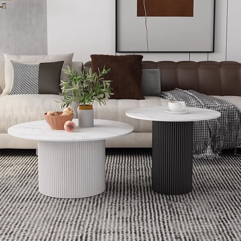 Modern Round Stone Top Coffee Table with Sturdy Metal Pedestal Base in Standard Height thumbnail 2