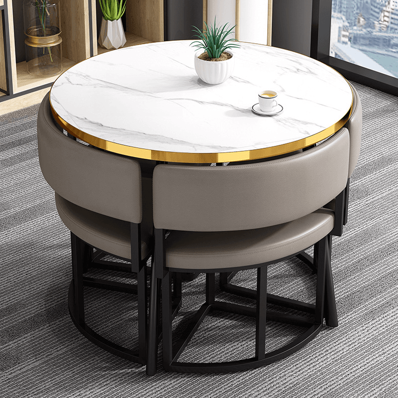 Art Deco Circular-shaped Upholstered Chair Metal & Faux Wood Dining Table Set with Upholstered Back in White, 5 Pieces thumbnail 6