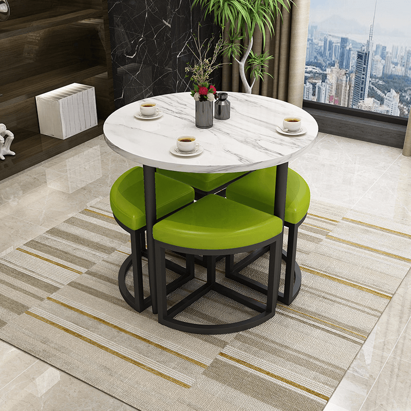Reclaimed Wood Round Dining Table Set with Metal Toboggan Base and Upholstered Backless Chairs for 4 People thumbnail 18