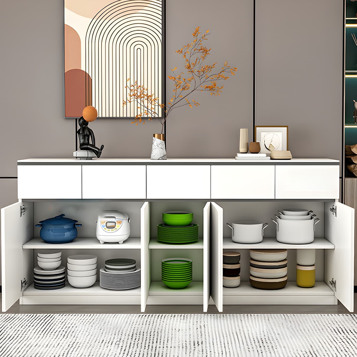 Modern Wood Sideboard Credenza with Drawers and Cabinets - Stone Countertop - image 16